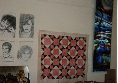 sketches of friends and art class projects, patchwork quilt and stained glass overlay mirror